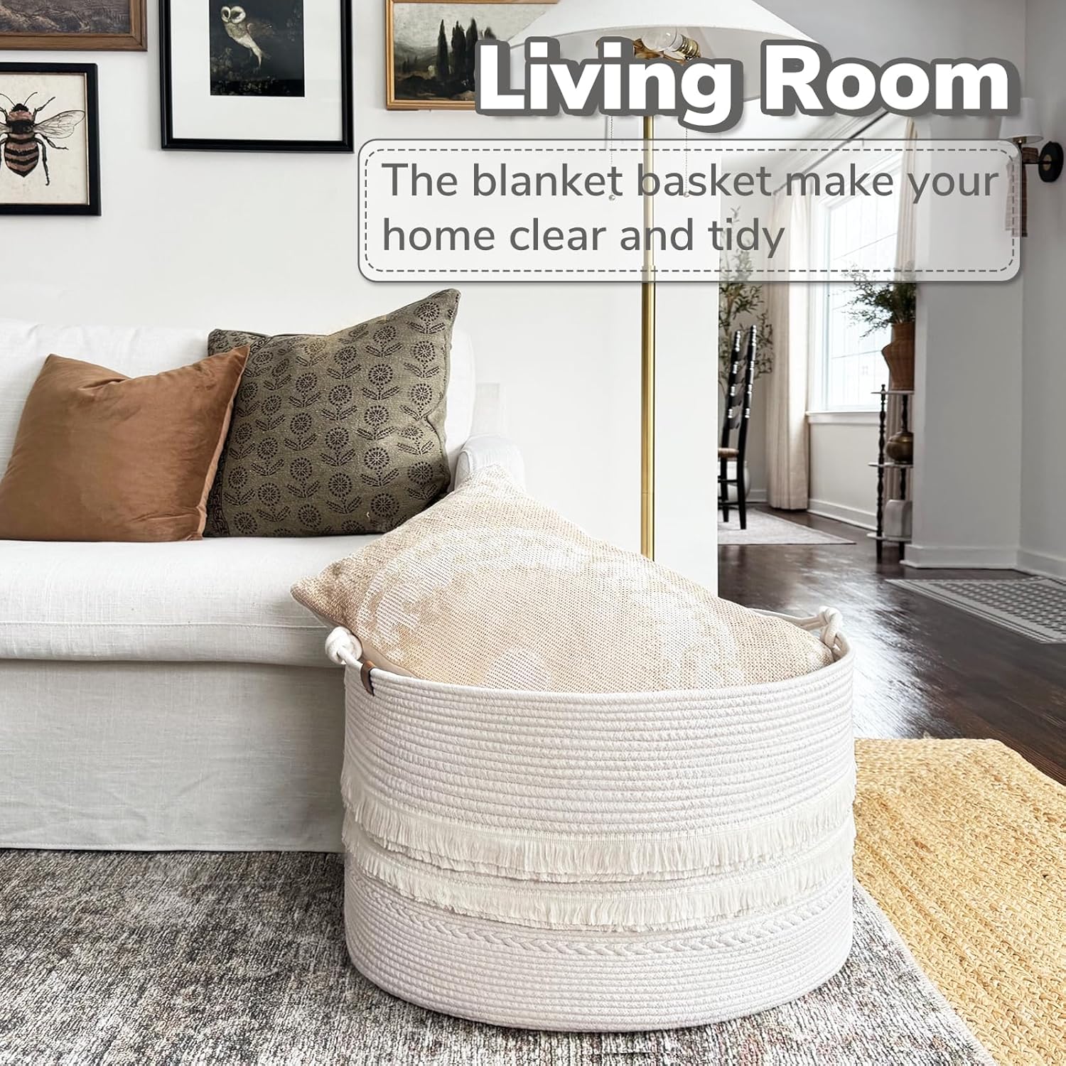 CherryNow Large White Woven Storage Basket - Styleful Functional Space Organizational Solution