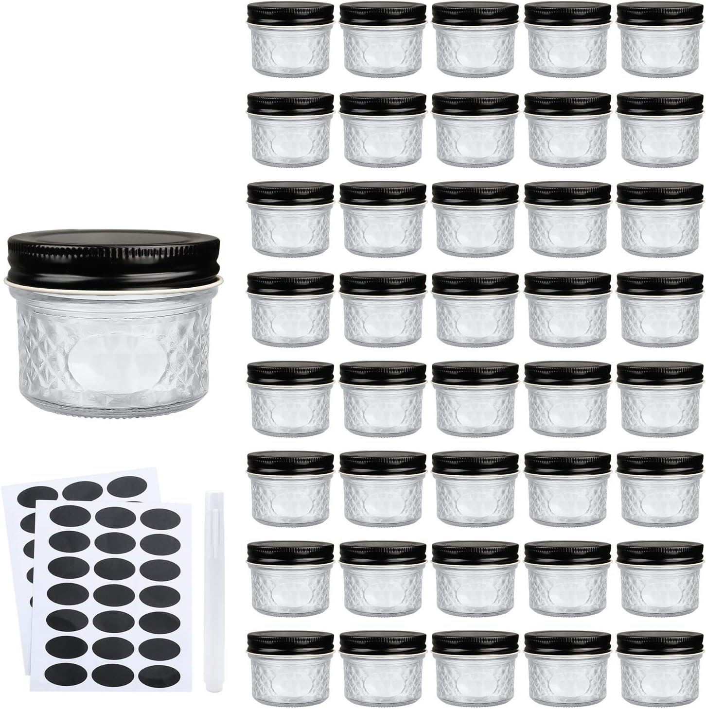 Sturdy 4Oz Glass Jars 40 Set Black Lids Kitchen Preserving Organization