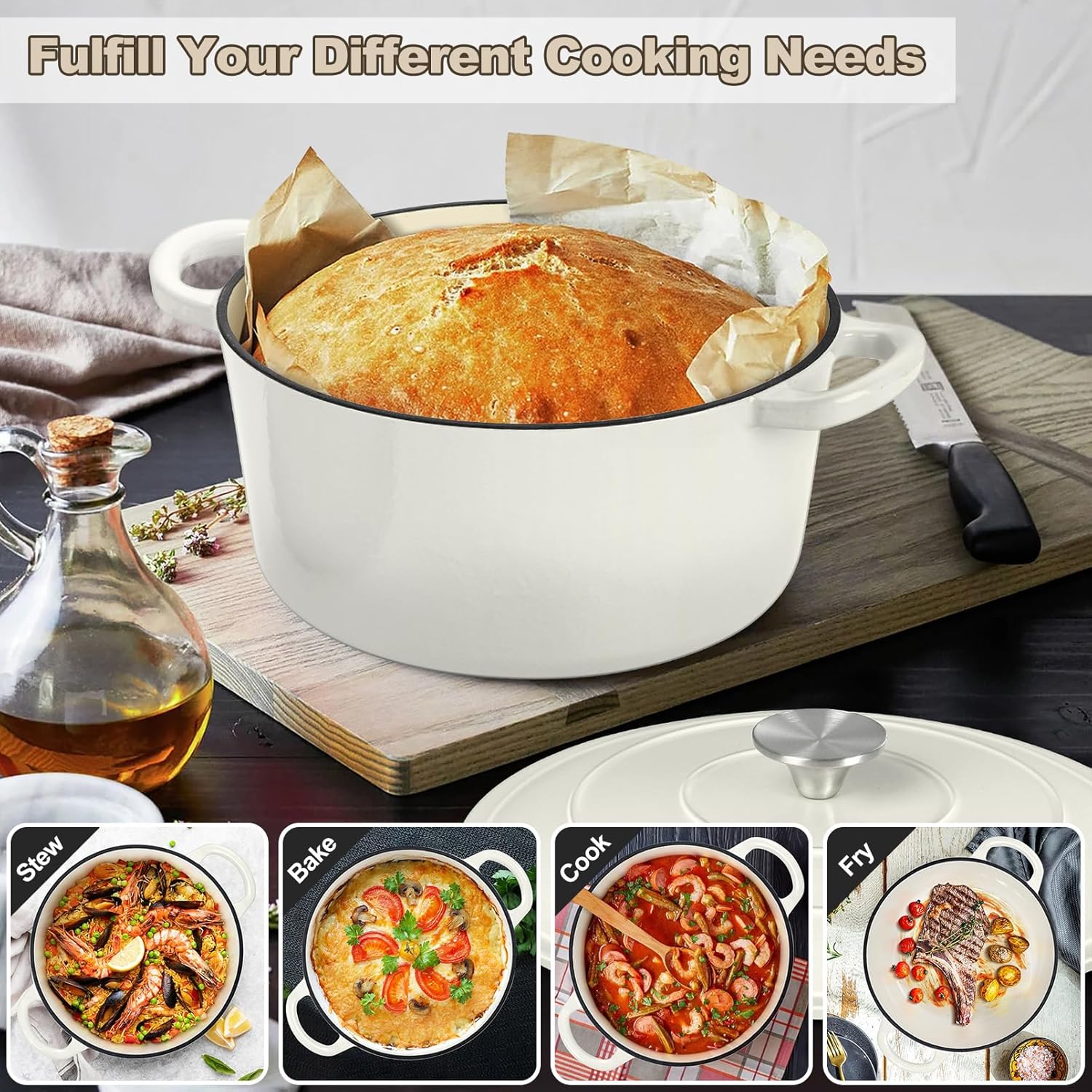 PP CHEF Kapex Dutch Oven Pot with Lid White Enameled 7QT