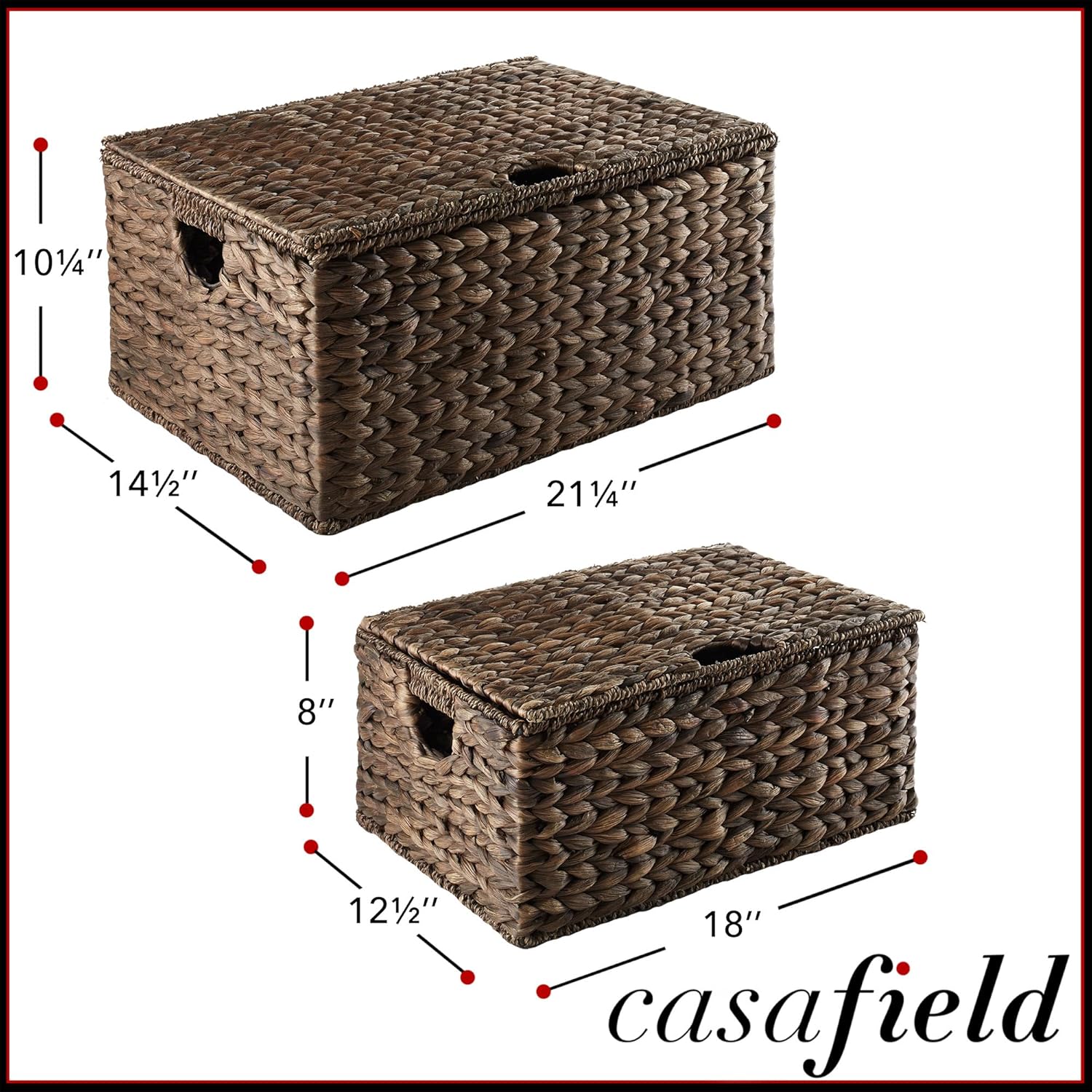 Casafield Set of 2 Water Hyacinth Rectangular Storage Baskets with Lids MediumLarge