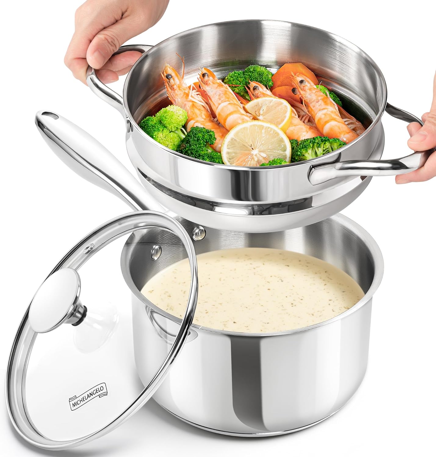 Masterpiece stainless steel saucepan with steamer
