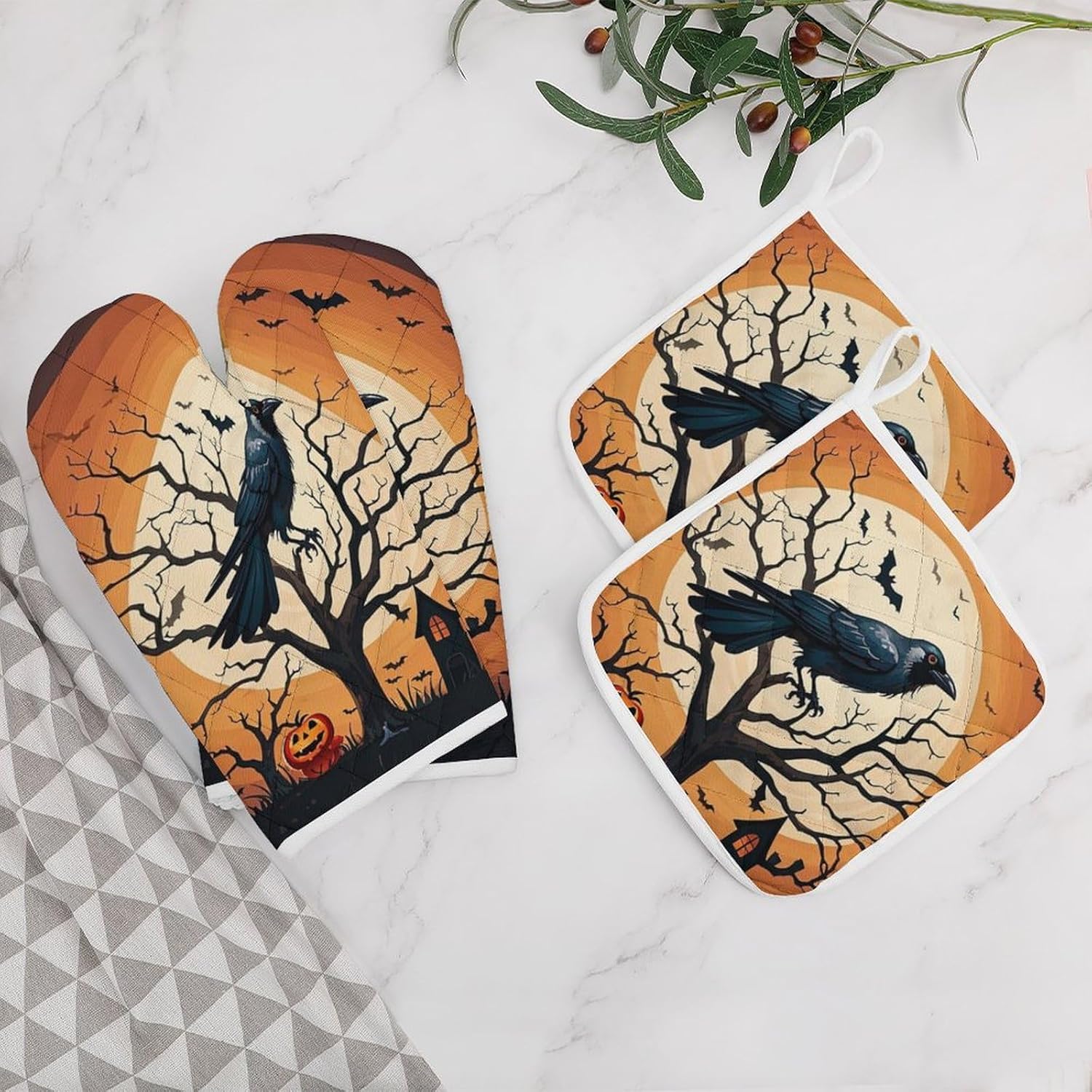 Raven Halloween Oven Mitts Pot Holders Set - Festive 4-Piece Heat-Resistant Gloves