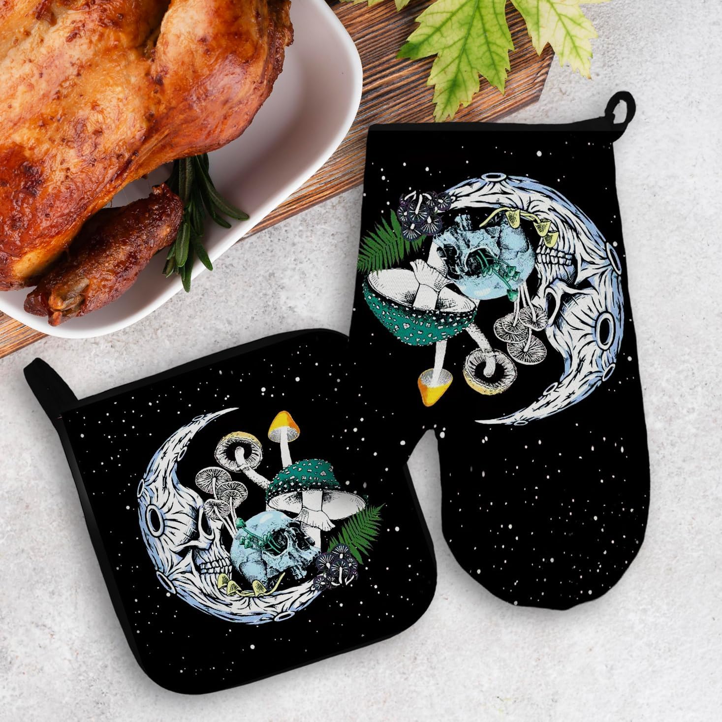 Mingnei Goth Skull Mushroom Oven Mitts Pot Holder Set for Kitchen Use
