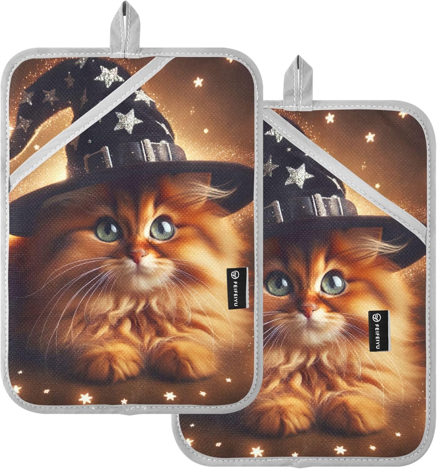 Halloween Kitten Witch Heat-Resistant Oven Mitt Set 2