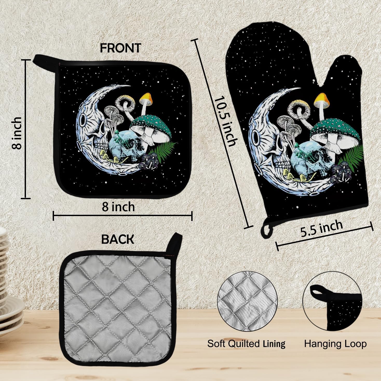 Mingnei Goth Skull Mushroom Oven Mitts Pot Holder Set for Kitchen Use
