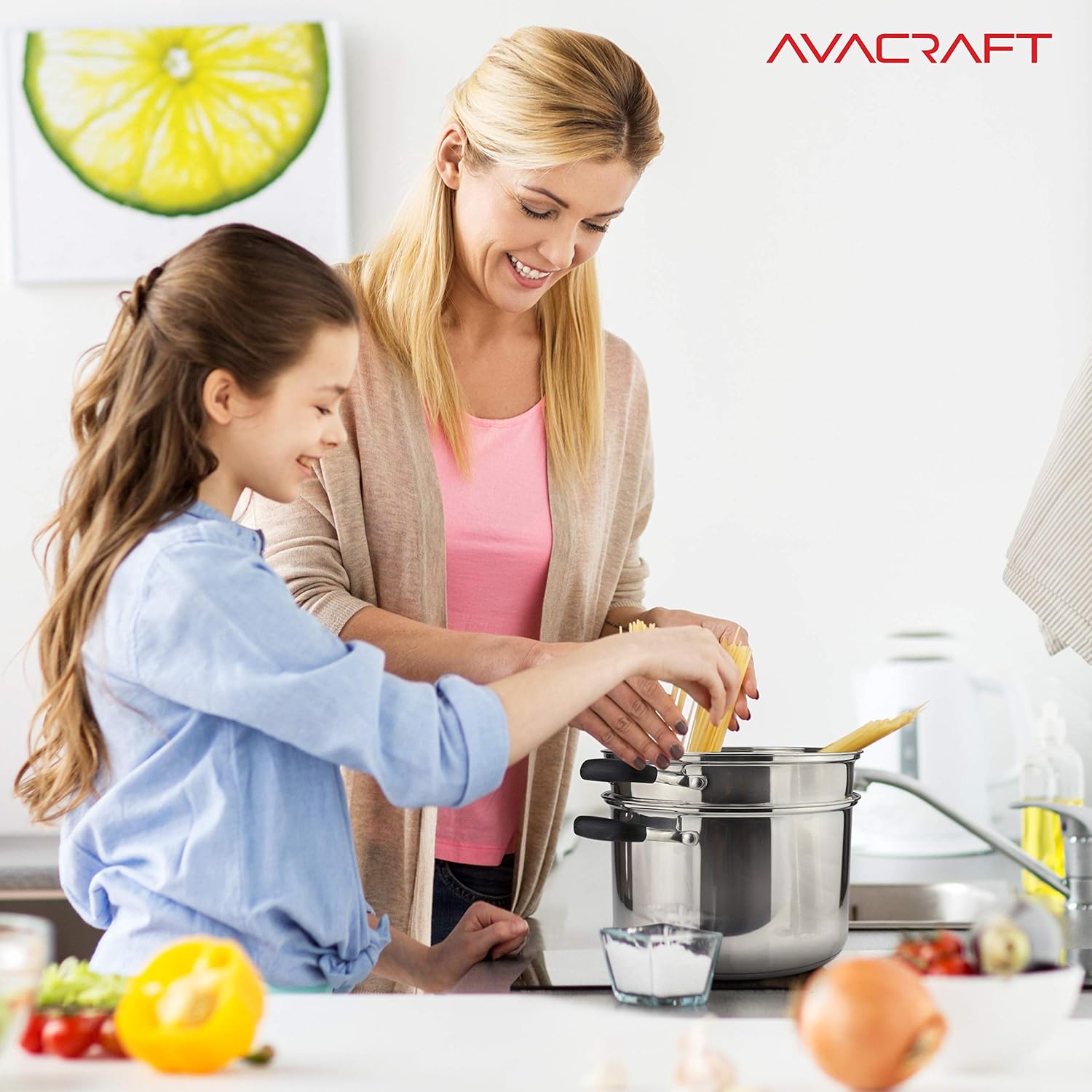 AVACRAFT 4 Piece Stainless Steel Pasta Pot Set with Strainer and Steamer Basket