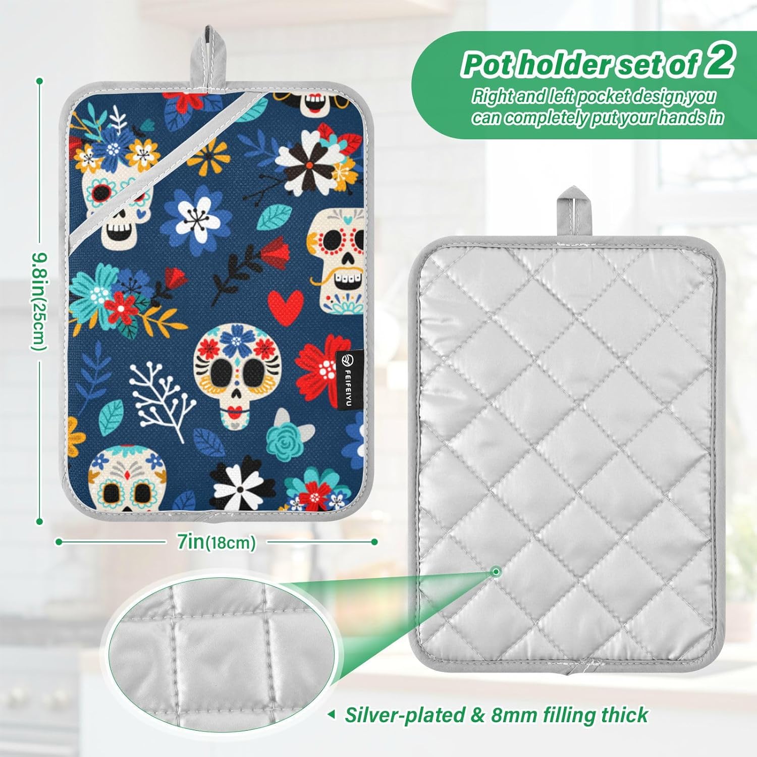 OURVII 2Pcs Day of The Dead Pot Holder Set