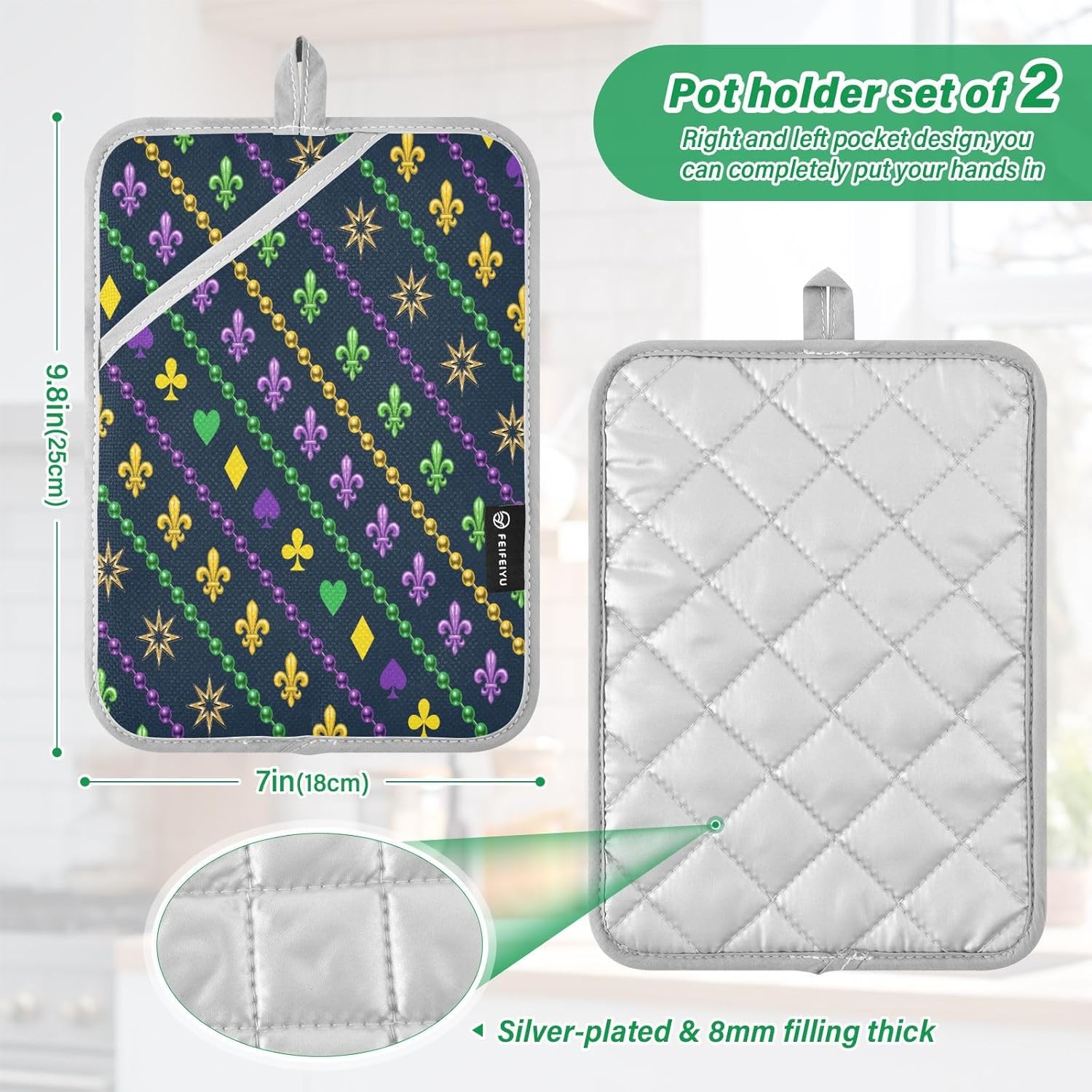KcldeciMardi Gras diagonal stripes heat resistant pot holders 2 pack