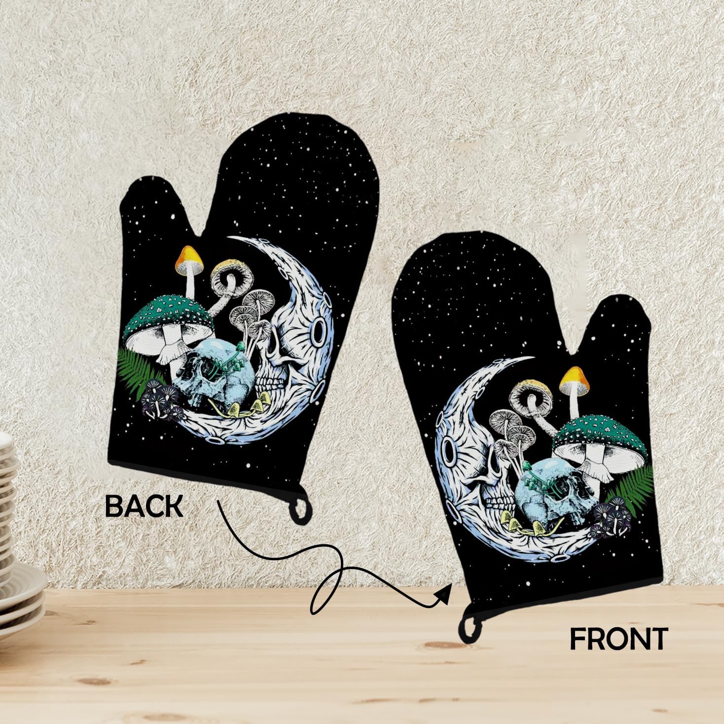 Mingnei Goth Skull Mushroom Oven Mitts Pot Holder Set for Kitchen Use