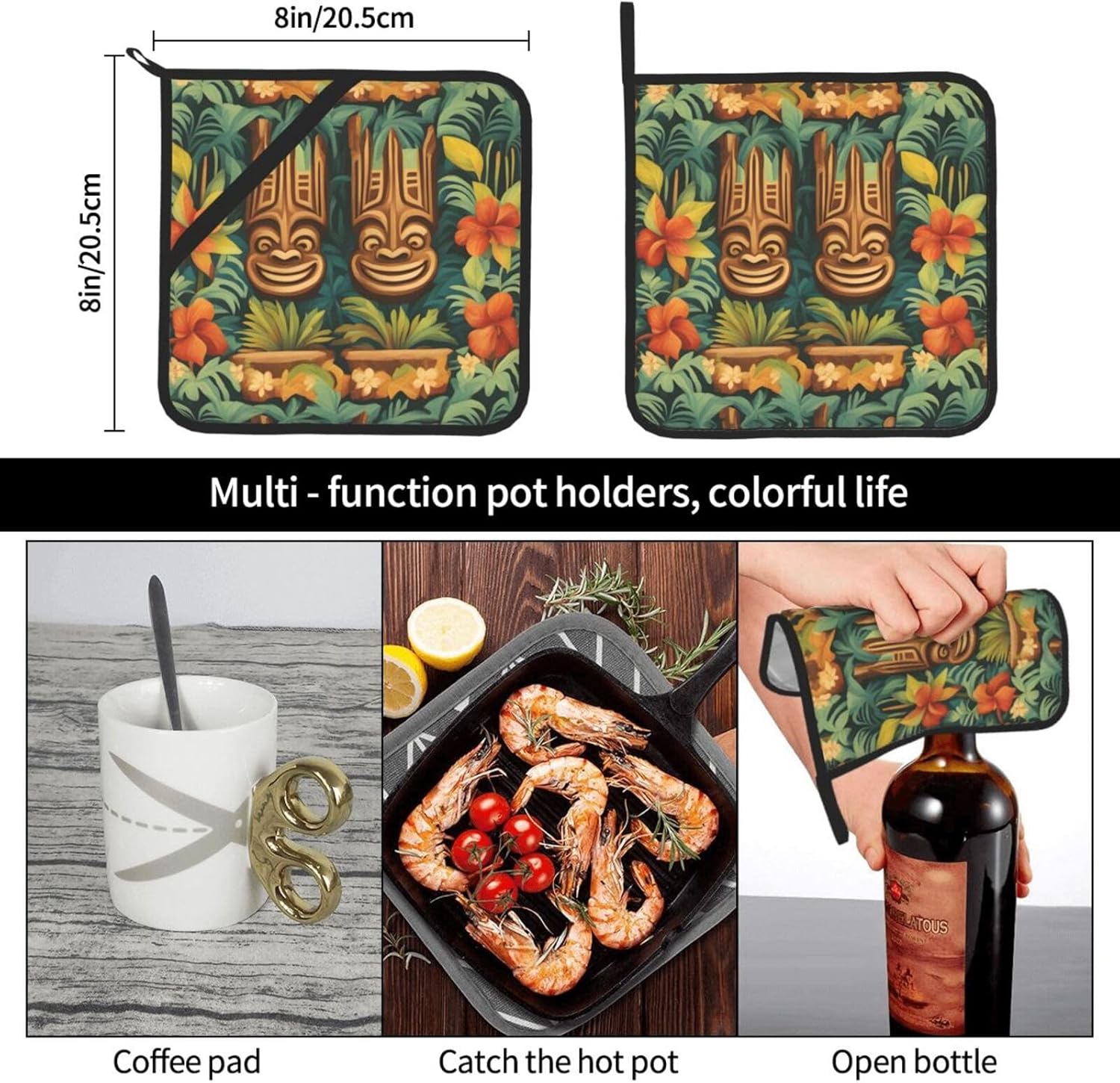Aloha Tiki 2-Piece Heat-Resistant Potholders BBQ for Cooking Grilling