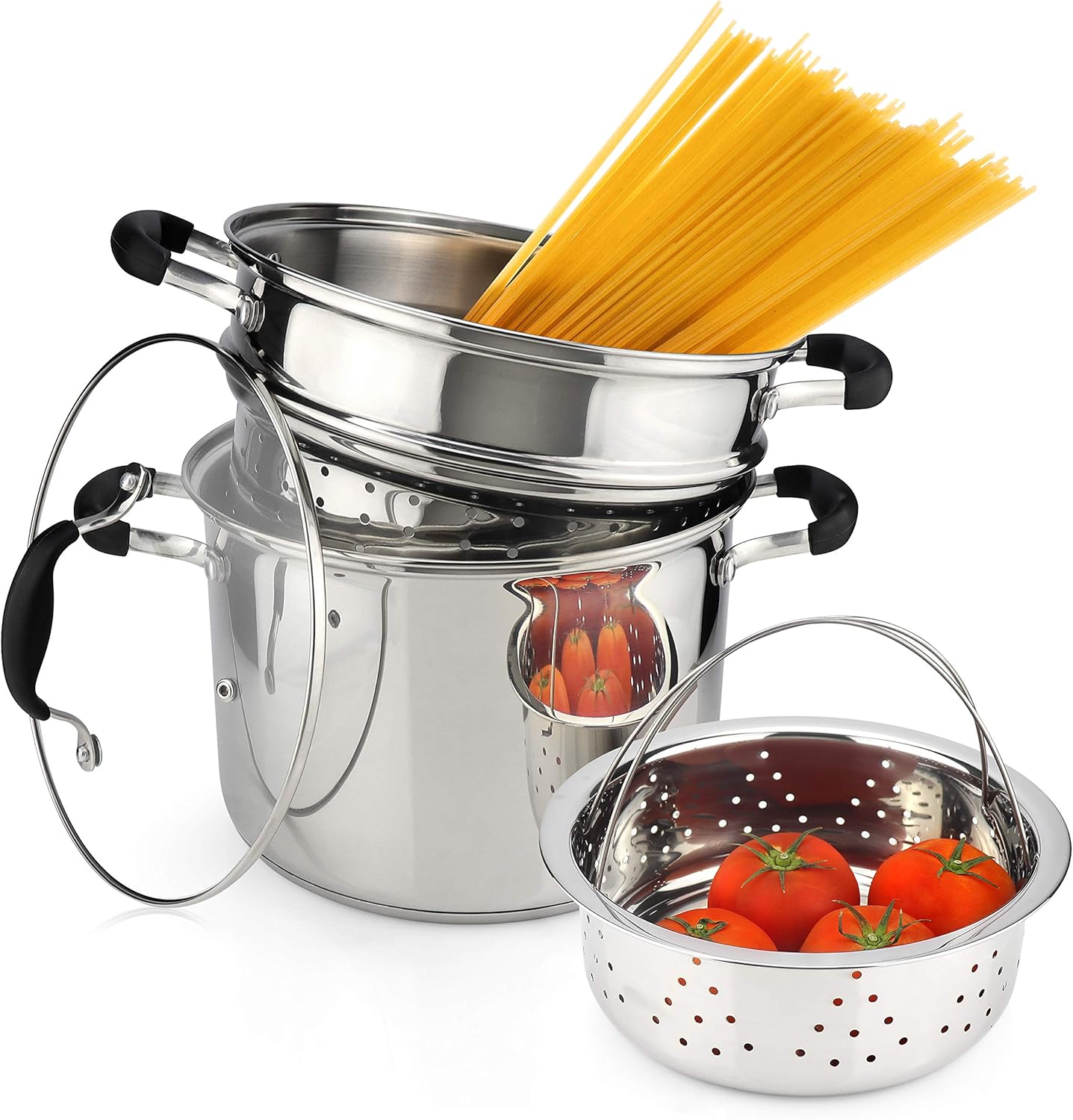 AVACRAFT 4 Piece Stainless Steel Pasta Pot Set with Strainer and Steamer Basket