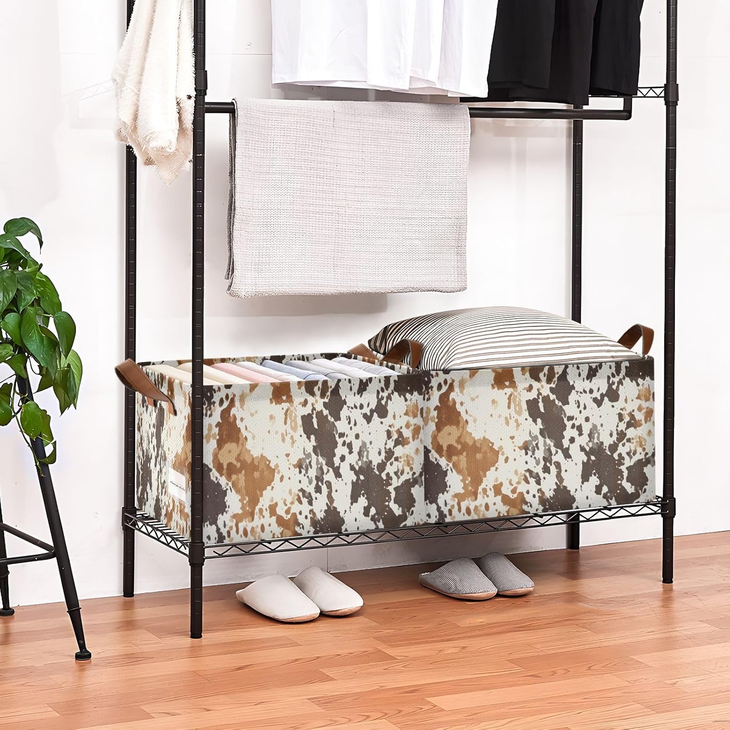 Collapsible Cow Print Storage Basket Durable Waterproof for Home Office