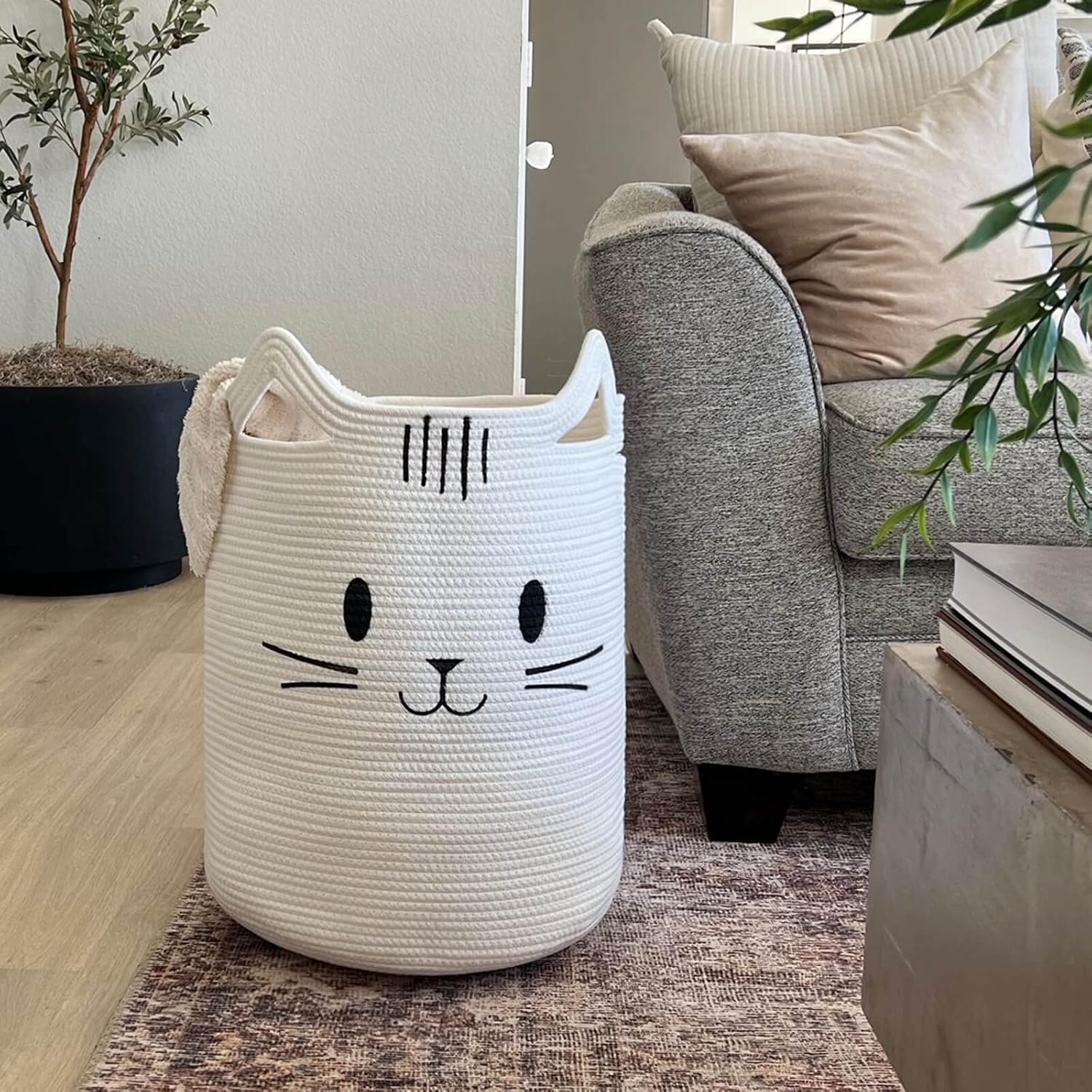 Sturdy Soft Cat Face Laundry Basket for Kids Pets White 16x20