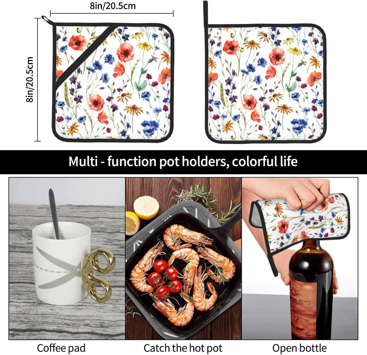 Wildflowers Watercolor Potholder Set 2PCS Heat Resistant