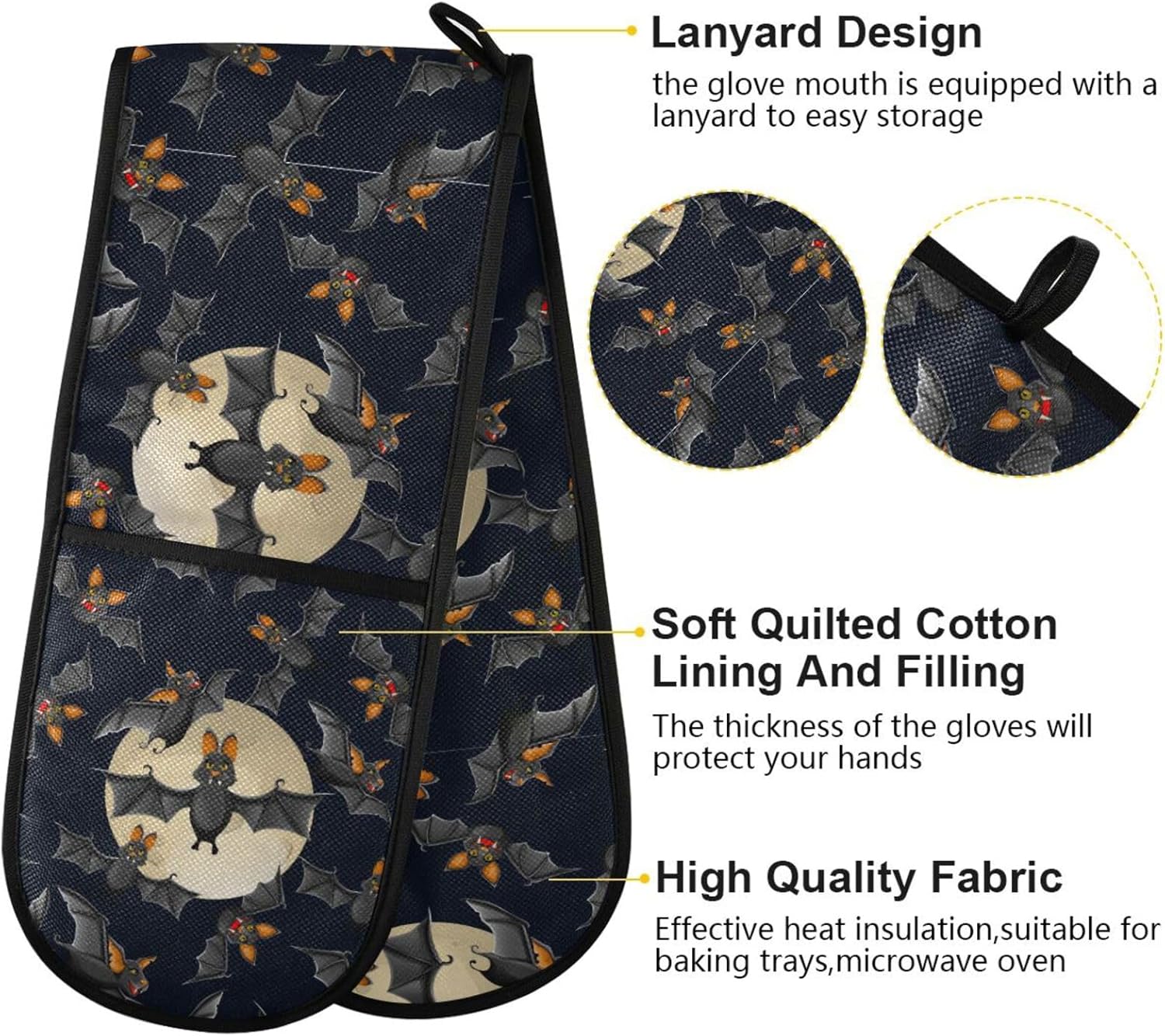 Halloween Transitional Double Oven Mitts with flying bats and full moon