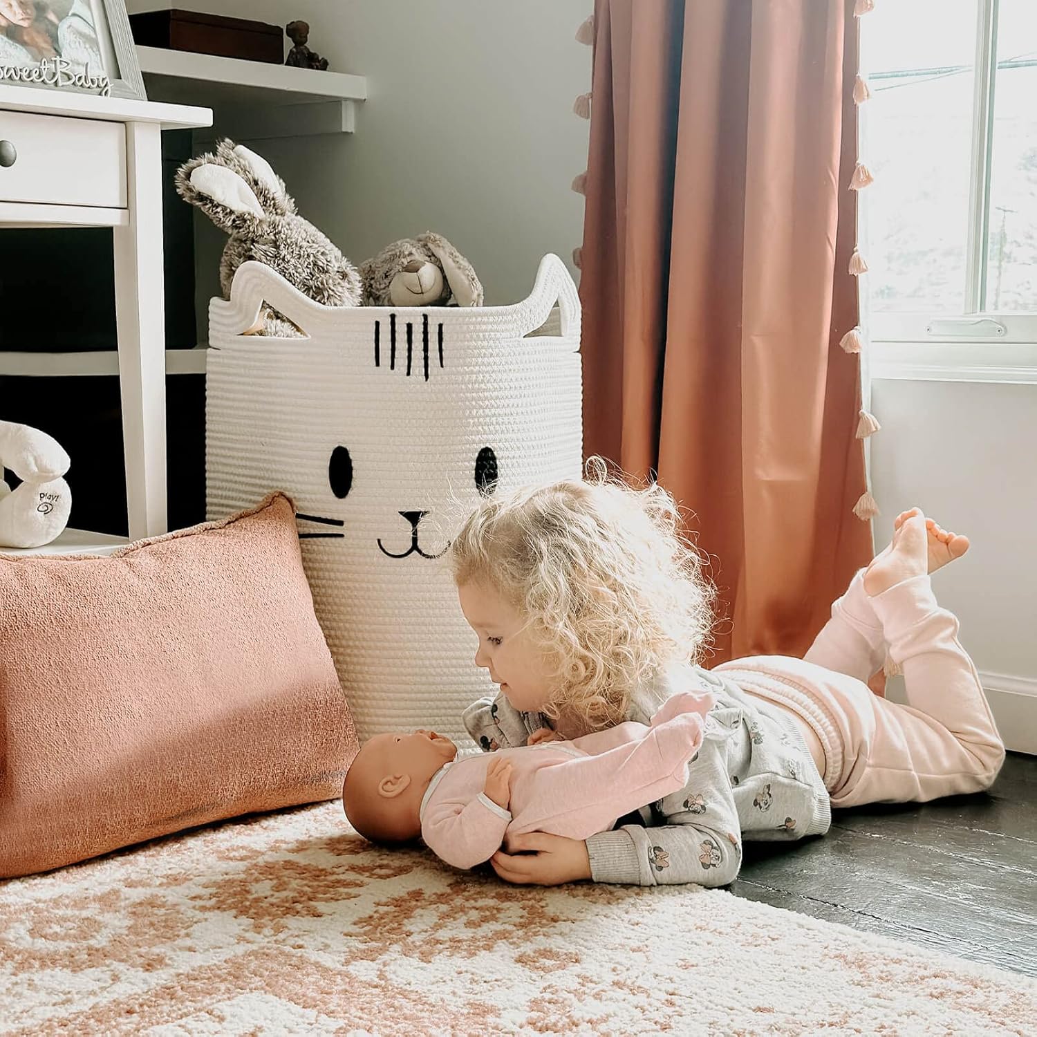 Sturdy Soft Cat Face Laundry Basket for Kids Pets White 16x20
