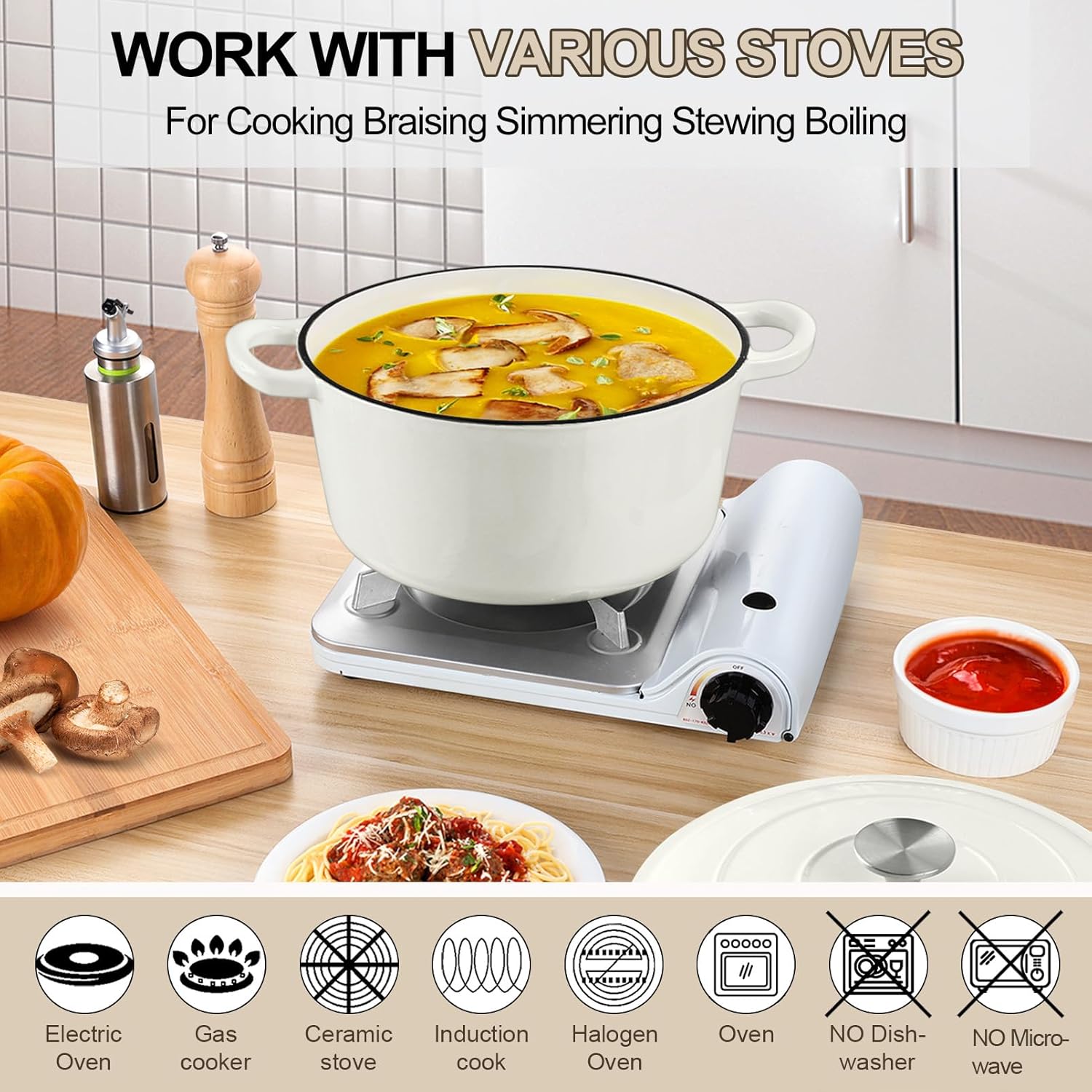 PP CHEF Kapex Dutch Oven Pot with Lid White Enameled 7QT