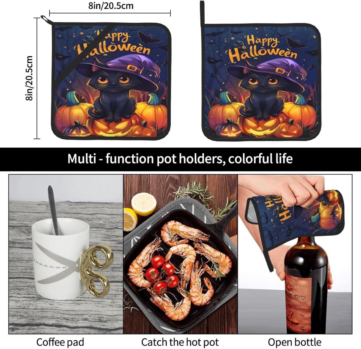2-Piece Halloween Cat Potholders Heat-Resistant for Kitchen Clearance