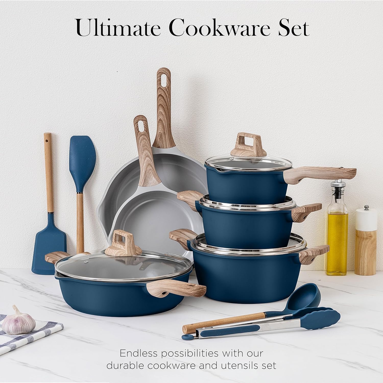 Country Kitchen 14-Piece Nonstick Cookware Set with Utensils Navy