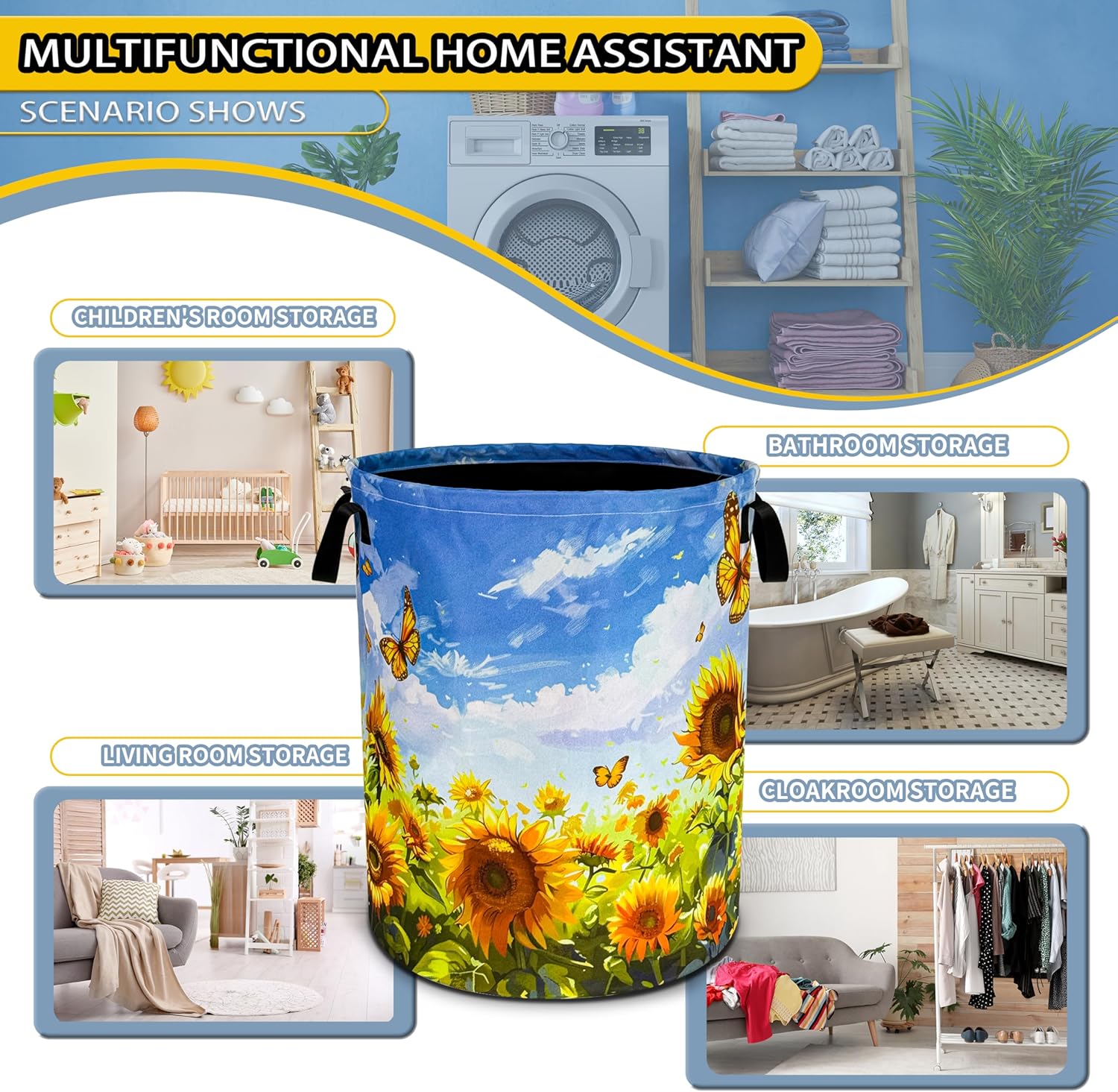 Sunflowers Butterflies Lightweight Foldable Laundry Basket
