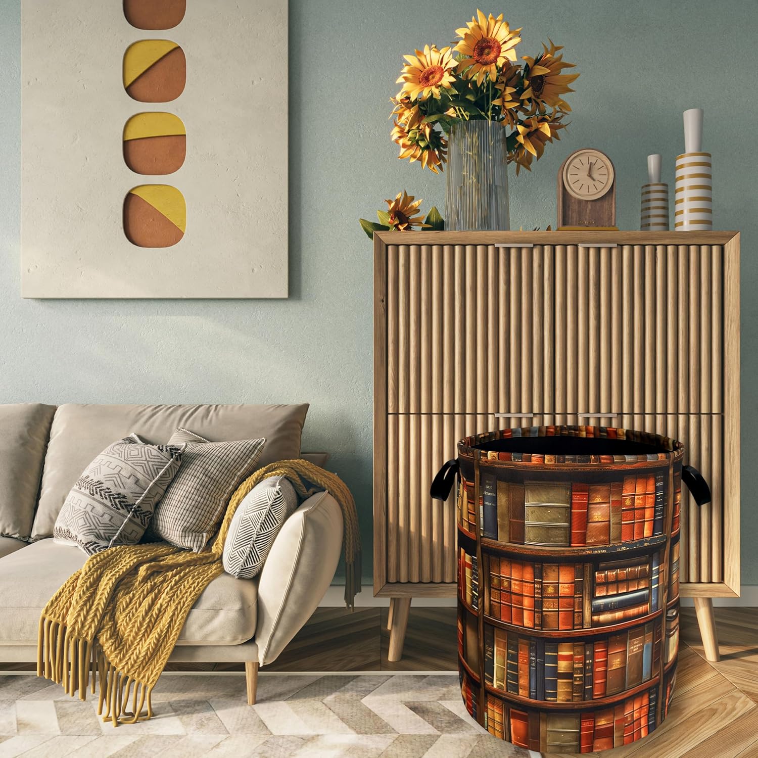 Retro Wooden Bookshelf Laundry Hamper Organizing Storage Bucket
