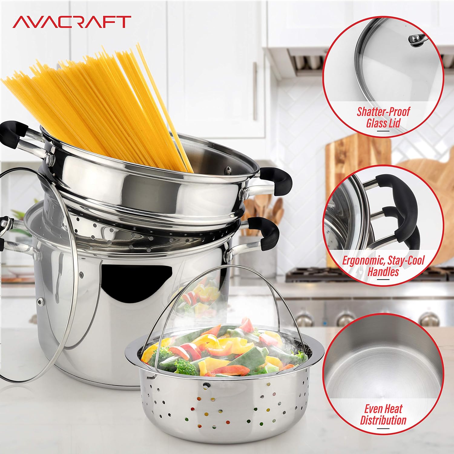 AVACRAFT 4 Piece Stainless Steel Pasta Pot Set with Strainer and Steamer Basket