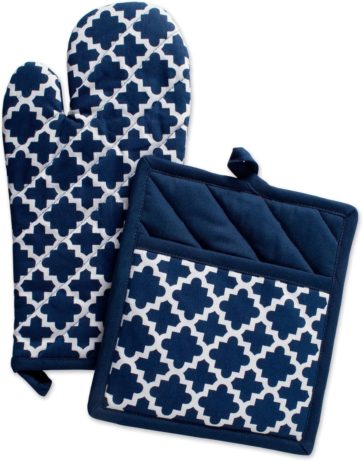 DII Lattice Basics Collection Potholder Oven Mitt Set Nautical Blue 2 Piece
