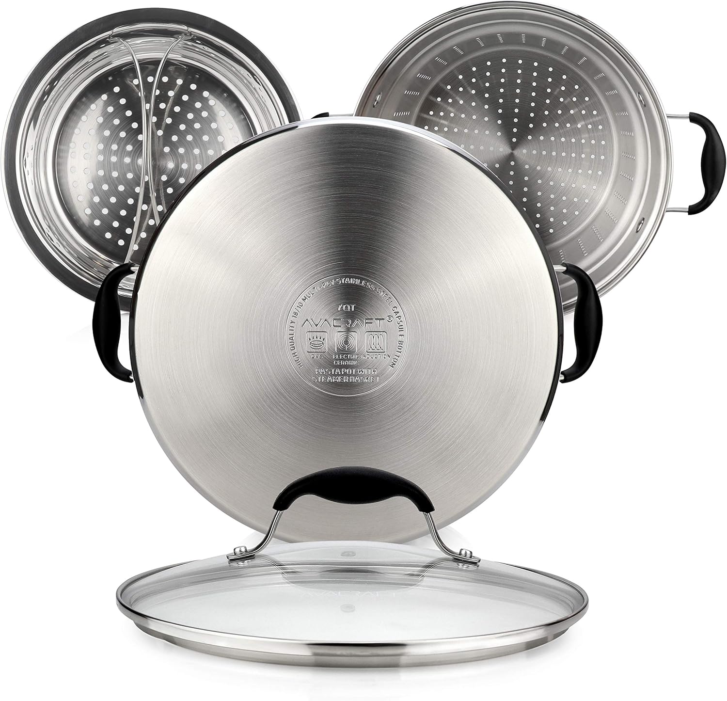 AVACRAFT 4 Piece Stainless Steel Pasta Pot Set with Strainer and Steamer Basket