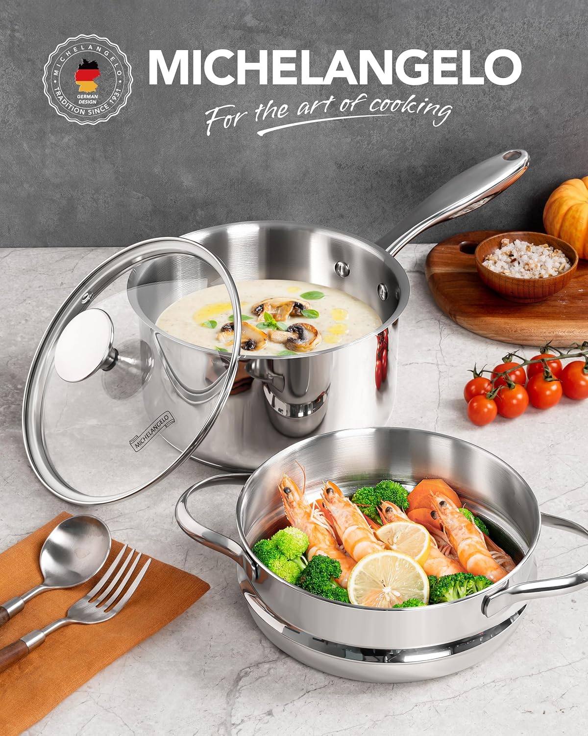 Masterpiece stainless steel saucepan with steamer