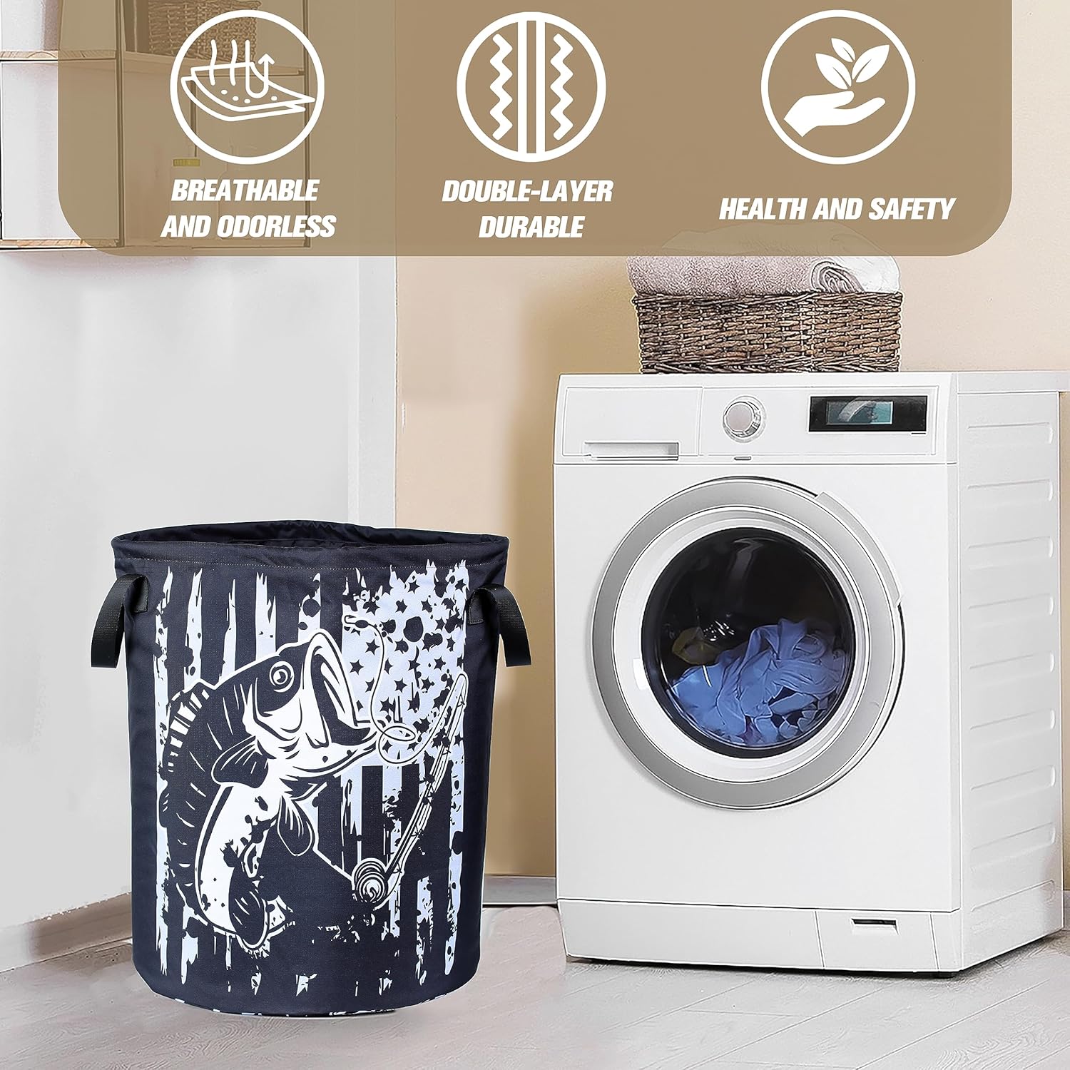 American Flag Bass Fish Laundry Basket