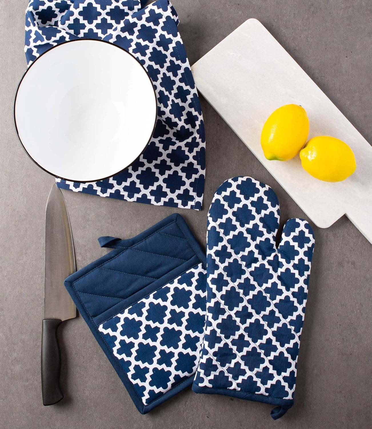 DII Lattice Basics Collection Potholder Oven Mitt Set Nautical Blue 2 Piece
